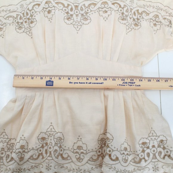 Vintage 80s Dress Ramie Cotton Lace Cutwork Embroidery Peplum Beige Midi 8 - Picture 12 of 15